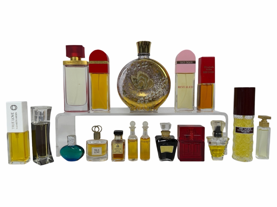 Vintage Estate Lot of Fourteen Assorted Commercial Women Fragrance and Miniature Perfume Bottles Including Elizabeth Arden Red Door True Love and Worth