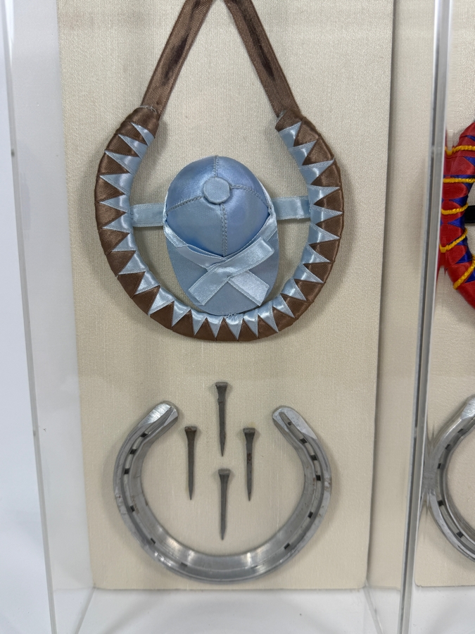 Pair Of Custom Decorative Framed Jockey Silks And Horseshoes Equestrian Shadow Boxes 6'W X 13'D X 3.5'H [Photo 3]