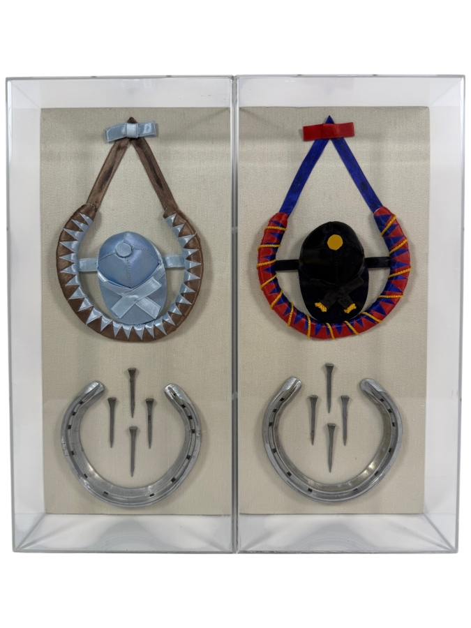 Pair Of Custom Decorative Framed Jockey Silks And Horseshoes Equestrian Shadow Boxes 6'W X 13'D X 3.5'H