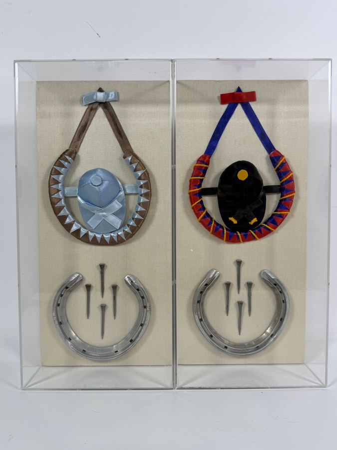 Pair Of Custom Decorative Framed Jockey Silks And Horseshoes Equestrian Shadow Boxes 6'W X 13'D X 3.5'H [Photo 2]