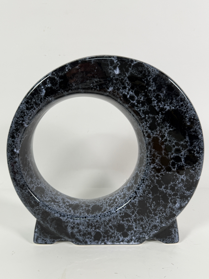 Vintage Mid Century Modern Black And White Spongeware Ceramic O Ring Donut Vase 10'W X 2'D X 10.5'H [Photo 2]