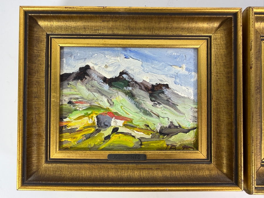 Pair Of Jose Pinto Impressionist Mountain Landscape Oil On Board Miniature Paintings 7' X 6' [Photo 2]