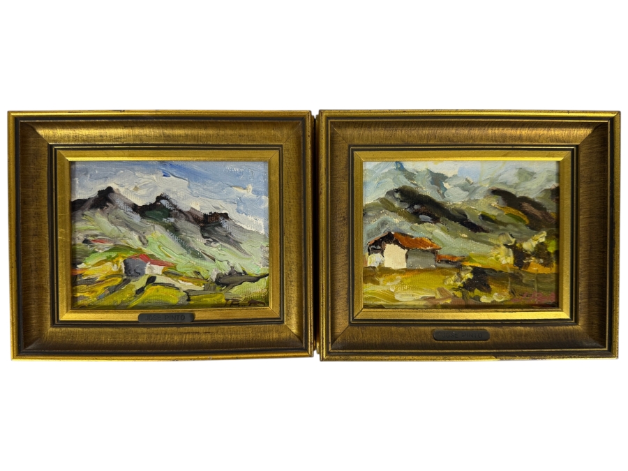 Pair Of Jose Pinto Impressionist Mountain Landscape Oil On Board Miniature Paintings 7' X 6'