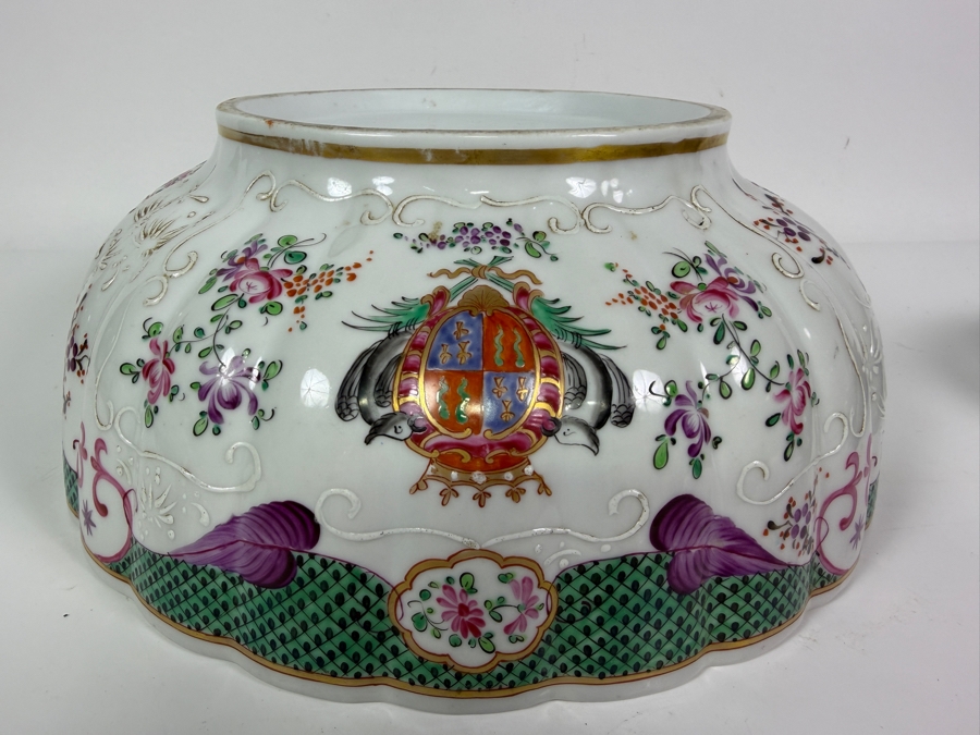 French Samson Edmé Paris Porcelain Armorial Punch Bowl In Chinese Export Style with Wooden Stand 12'W X 7'H [Photo 15]