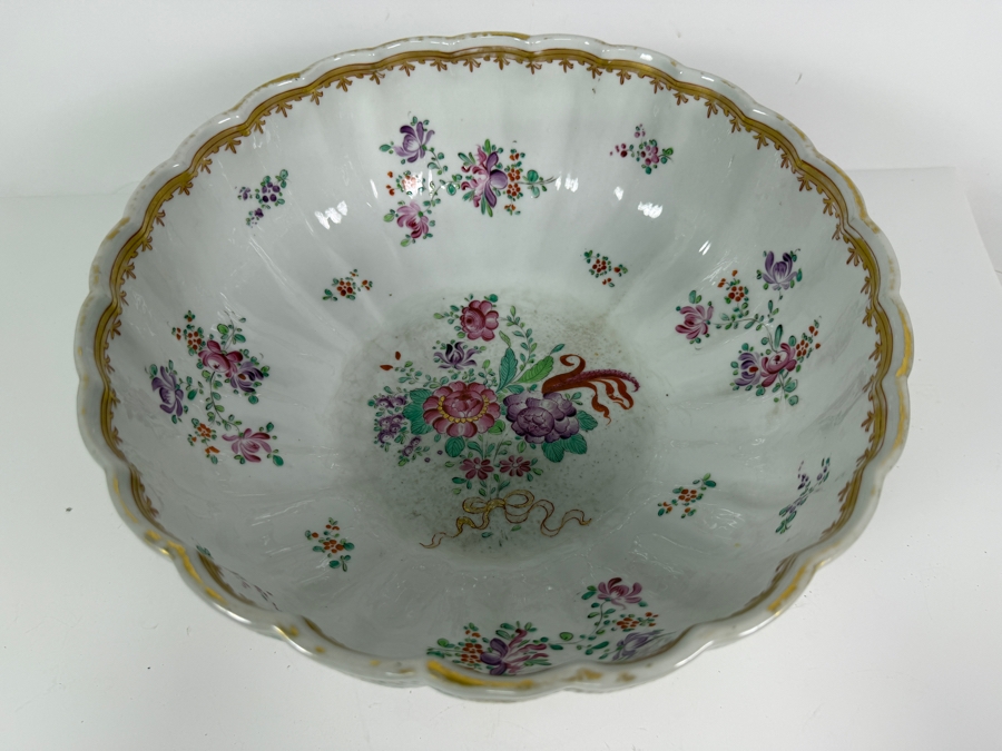 French Samson Edmé Paris Porcelain Armorial Punch Bowl In Chinese Export Style with Wooden Stand 12'W X 7'H [Photo 3]