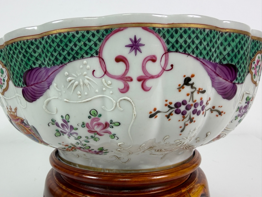 French Samson Edmé Paris Porcelain Armorial Punch Bowl In Chinese Export Style with Wooden Stand 12'W X 7'H [Photo 7]