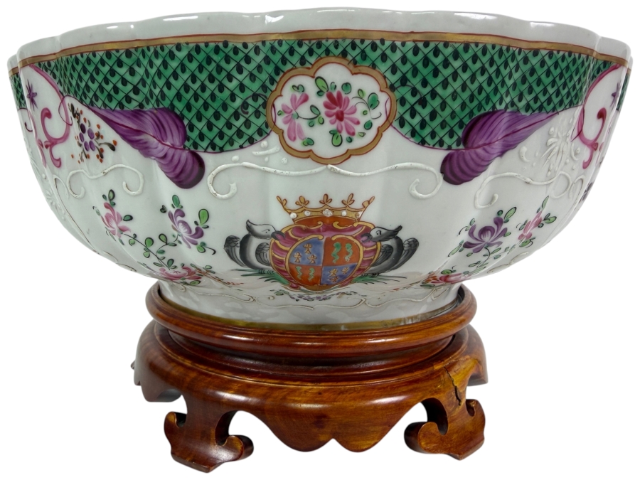 French Samson Edmé Paris Porcelain Armorial Punch Bowl In Chinese Export Style with Wooden Stand 12'W X 7'H