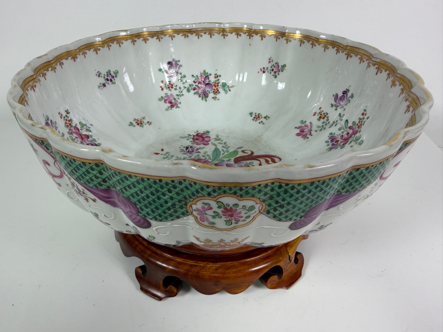 French Samson Edmé Paris Porcelain Armorial Punch Bowl In Chinese Export Style with Wooden Stand 12'W X 7'H [Photo 2]