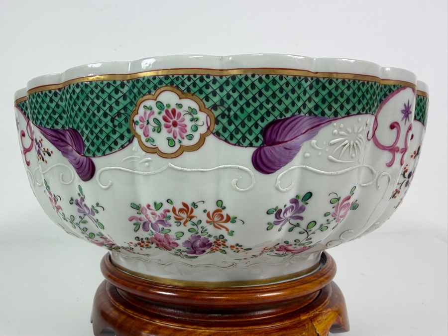 French Samson Edmé Paris Porcelain Armorial Punch Bowl In Chinese Export Style with Wooden Stand 12'W X 7'H [Photo 9]