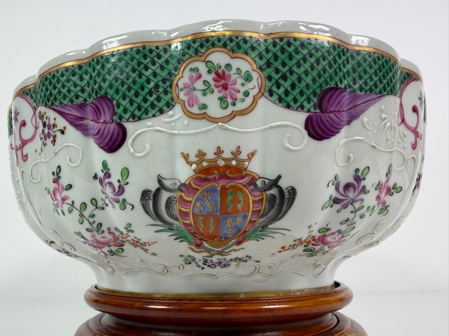French Samson Edmé Paris Porcelain Armorial Punch Bowl In Chinese Export Style with Wooden Stand 12'W X 7'H [Photo 5]