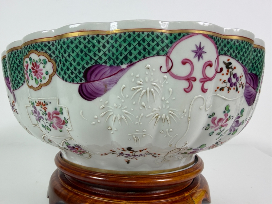 French Samson Edmé Paris Porcelain Armorial Punch Bowl In Chinese Export Style with Wooden Stand 12'W X 7'H [Photo 8]