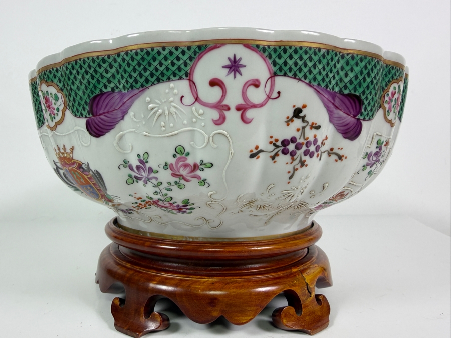 French Samson Edmé Paris Porcelain Armorial Punch Bowl In Chinese Export Style with Wooden Stand 12'W X 7'H [Photo 6]