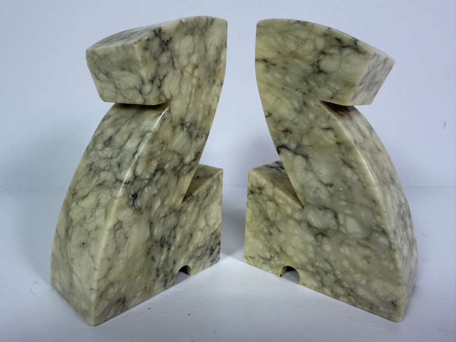 Pair Of Vintage Mid Century Modern Marbled Alabaster Z Shaped Abstract Bookends 6'H [Photo 2]
