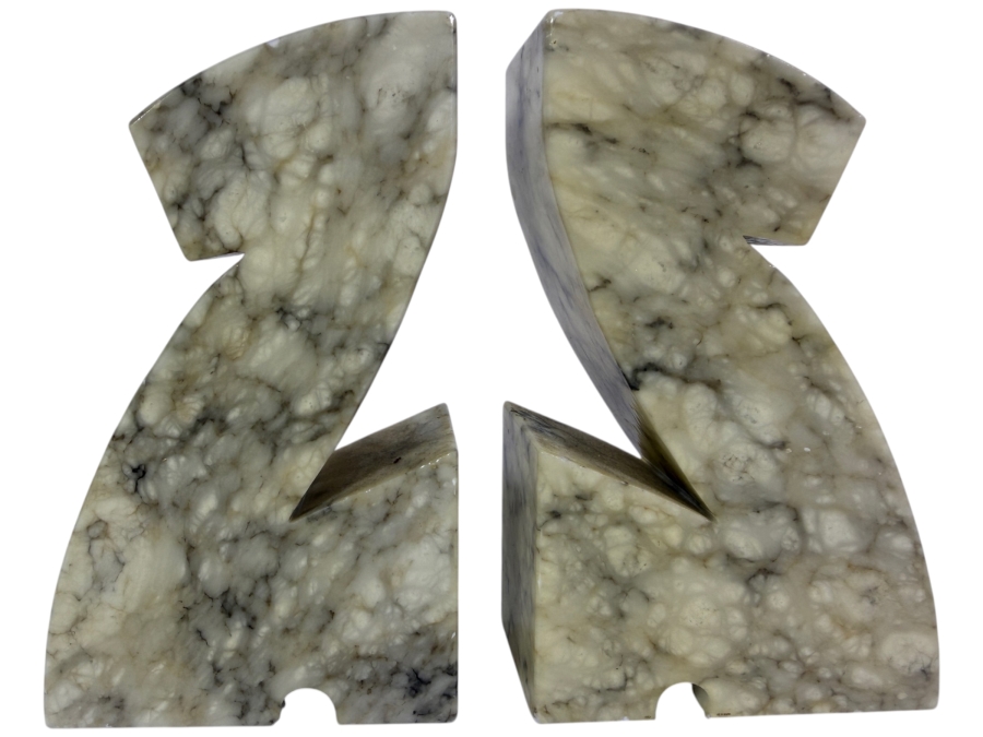 Pair Of Vintage Mid Century Modern Marbled Alabaster Z Shaped Abstract Bookends 6'H