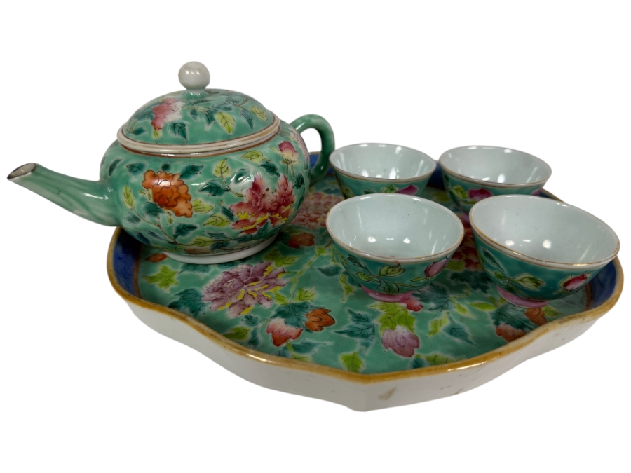 Just Added - Vintage Chinese Nyonya Hand-painted Porcelain Tea Set With Teapot, Serving Tray and Four Small Tea Cups - See Photos for Details