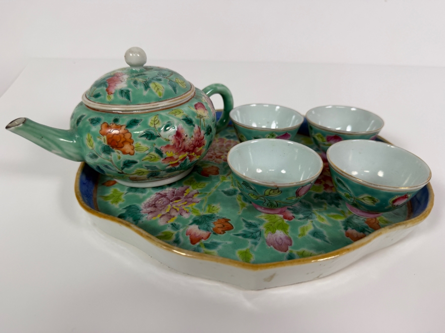 Just Added - Vintage Chinese Nyonya Hand-painted Porcelain Tea Set With Teapot, Serving Tray and Four Small Tea Cups - See Photos for Details [Photo 2]