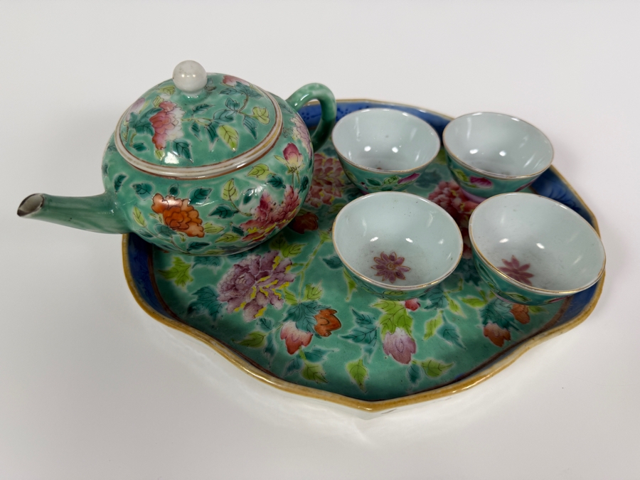 Just Added - Vintage Chinese Nyonya Hand-painted Porcelain Tea Set With Teapot, Serving Tray and Four Small Tea Cups - See Photos for Details [Photo 4]