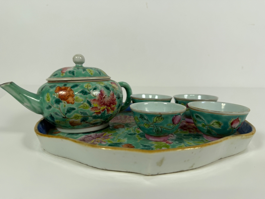 Just Added - Vintage Chinese Nyonya Hand-painted Porcelain Tea Set With Teapot, Serving Tray and Four Small Tea Cups - See Photos for Details [Photo 3]
