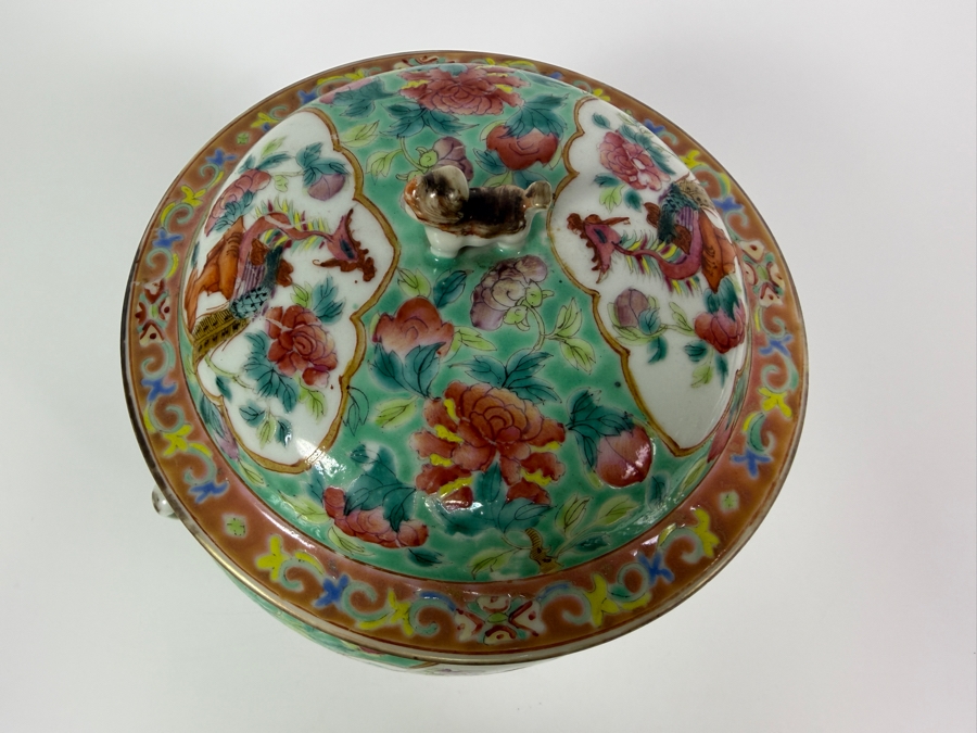 Just Added - Vintage Chinese Nyonya Hand-painted Porcelain Lidded Jar with Foo Lion Dog Finial 6.5W X 6.5H [Photo 8]