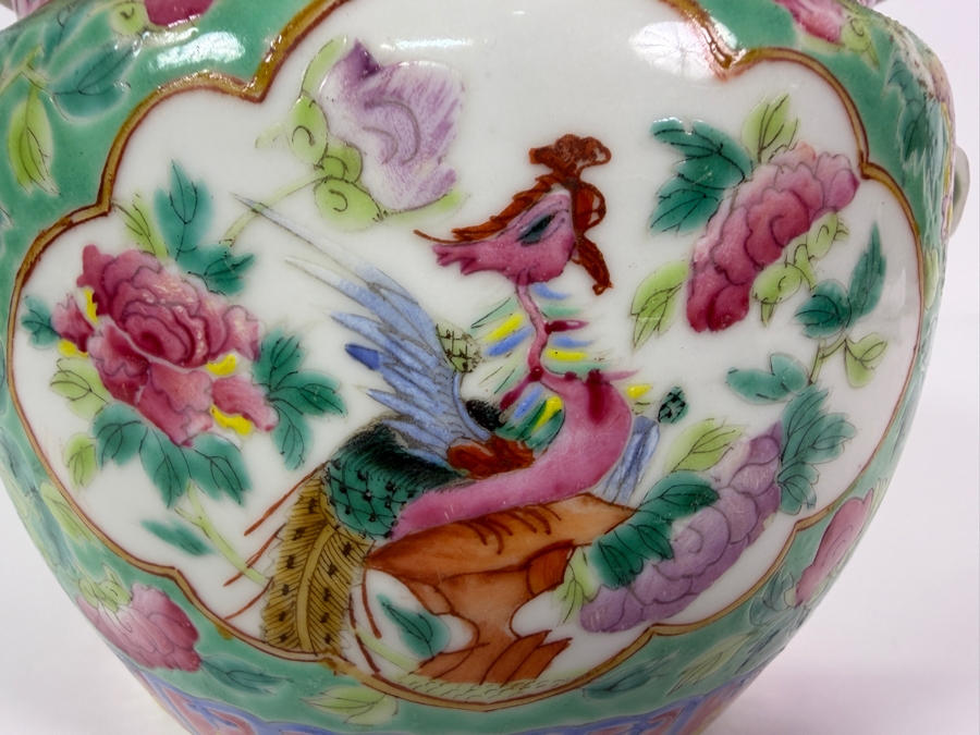 Just Added - Vintage Chinese Nyonya Hand-painted Porcelain Lidded Jar with Foo Lion Dog Finial 6.5W X 6.5H [Photo 5]