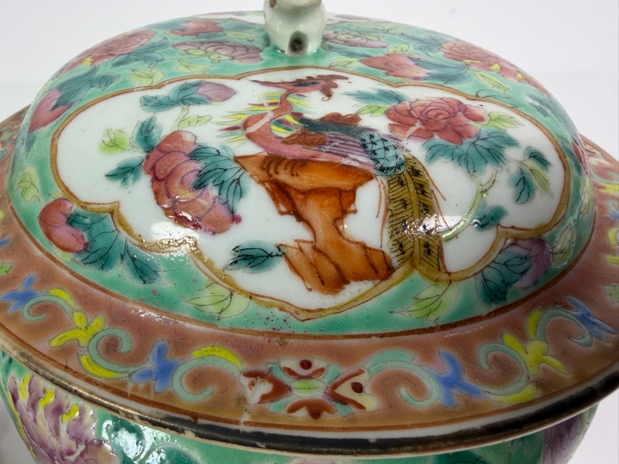 Just Added - Vintage Chinese Nyonya Hand-painted Porcelain Lidded Jar with Foo Lion Dog Finial 6.5W X 6.5H [Photo 15]
