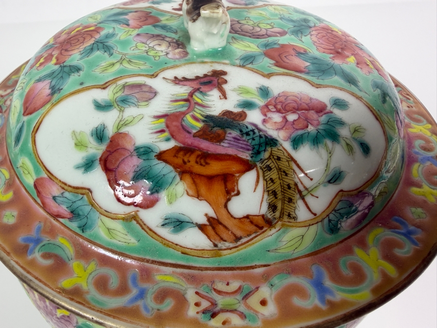 Just Added - Vintage Chinese Nyonya Hand-painted Porcelain Lidded Jar with Foo Lion Dog Finial 6.5W X 6.5H [Photo 10]