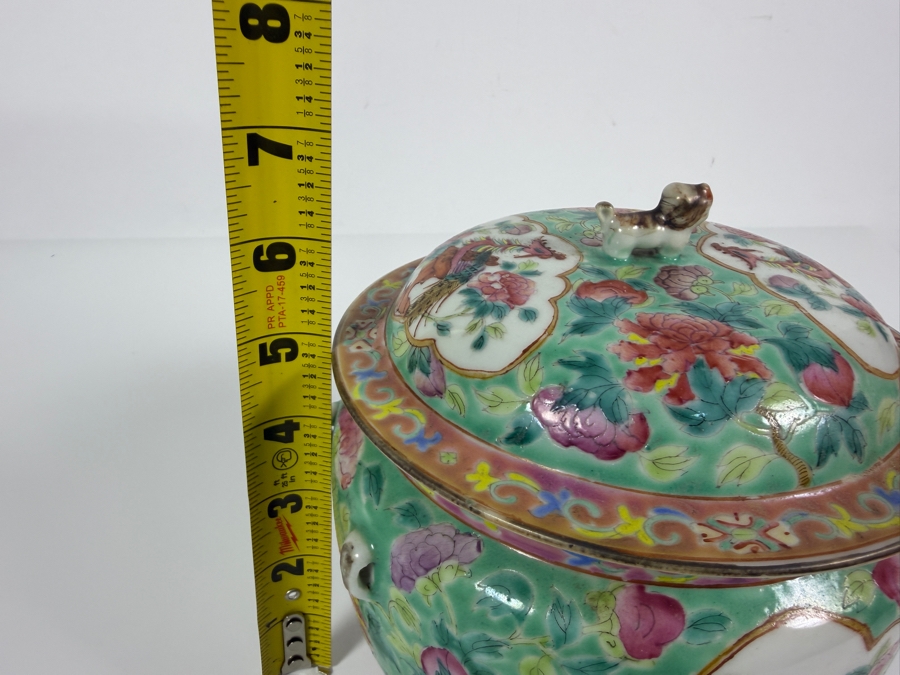 Just Added - Vintage Chinese Nyonya Hand-painted Porcelain Lidded Jar with Foo Lion Dog Finial 6.5W X 6.5H [Photo 20]