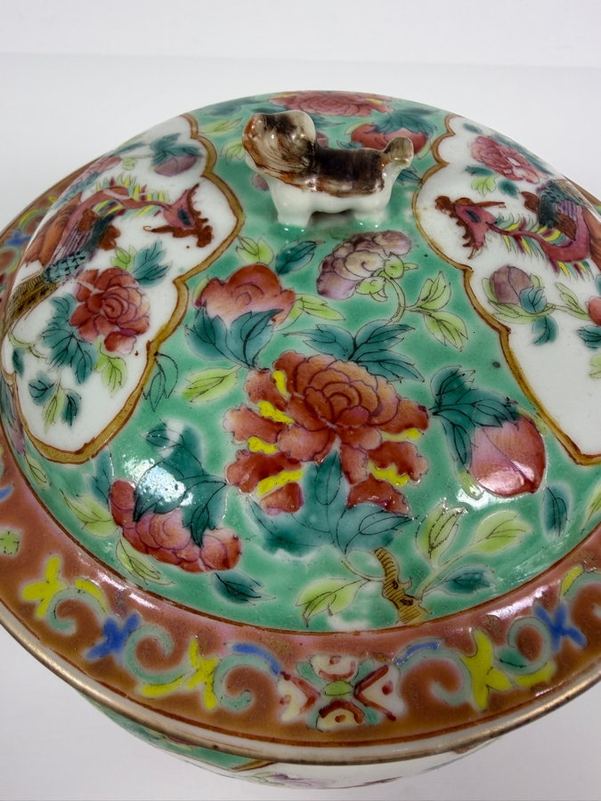 Just Added - Vintage Chinese Nyonya Hand-painted Porcelain Lidded Jar with Foo Lion Dog Finial 6.5W X 6.5H [Photo 6]