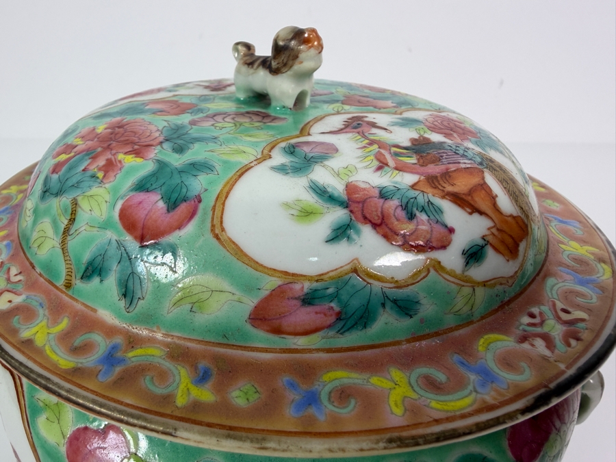Just Added - Vintage Chinese Nyonya Hand-painted Porcelain Lidded Jar with Foo Lion Dog Finial 6.5W X 6.5H [Photo 14]