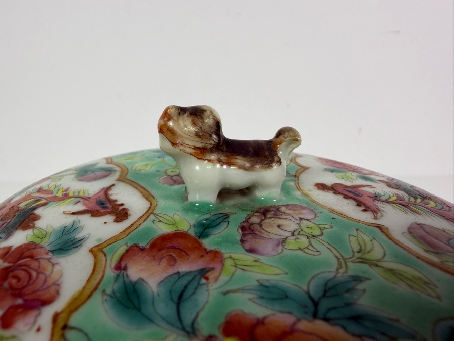 Just Added - Vintage Chinese Nyonya Hand-painted Porcelain Lidded Jar with Foo Lion Dog Finial 6.5W X 6.5H [Photo 7]