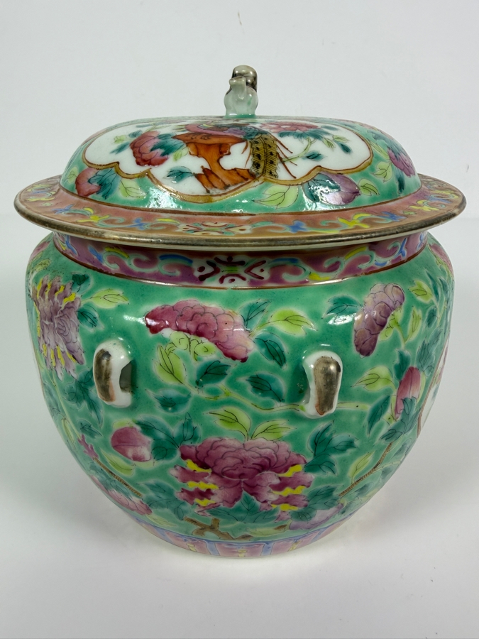 Just Added - Vintage Chinese Nyonya Hand-painted Porcelain Lidded Jar with Foo Lion Dog Finial 6.5W X 6.5H [Photo 9]