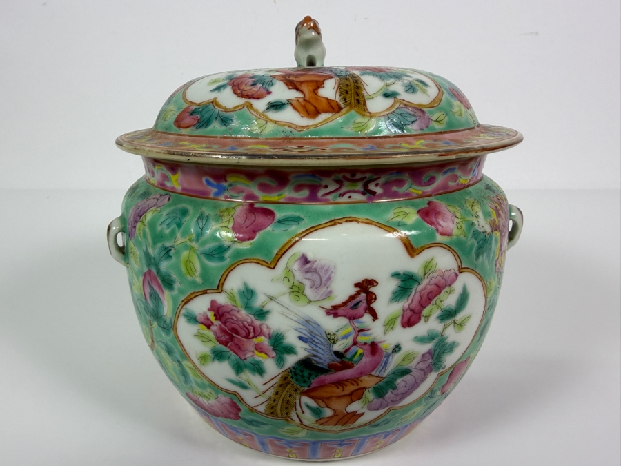 Just Added - Vintage Chinese Nyonya Hand-painted Porcelain Lidded Jar with Foo Lion Dog Finial 6.5W X 6.5H [Photo 3]