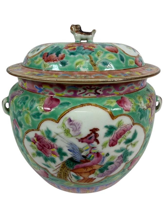 Just Added - Vintage Chinese Nyonya Hand-painted Porcelain Lidded Jar with Foo Lion Dog Finial 6.5W X 6.5H