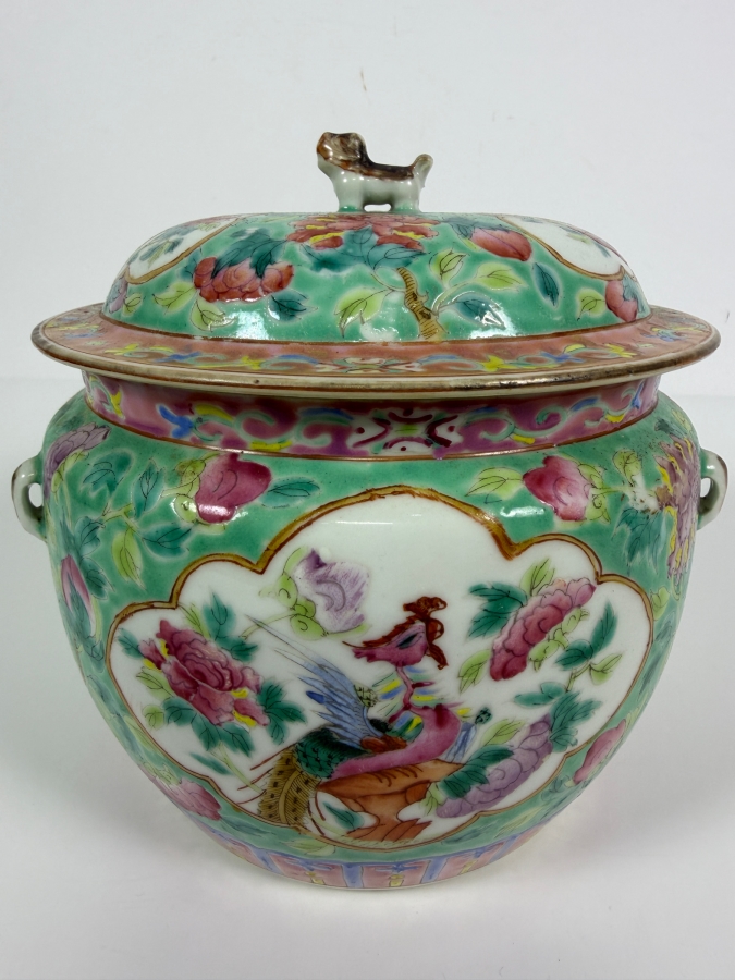 Just Added - Vintage Chinese Nyonya Hand-painted Porcelain Lidded Jar with Foo Lion Dog Finial 6.5W X 6.5H [Photo 2]