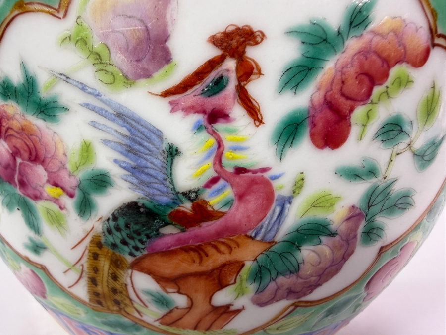 Just Added - Vintage Chinese Nyonya Hand-painted Porcelain Lidded Jar with Foo Lion Dog Finial 6.5W X 6.5H [Photo 12]