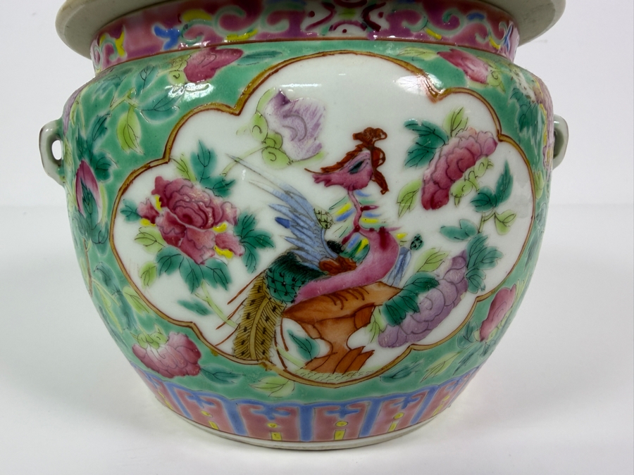 Just Added - Vintage Chinese Nyonya Hand-painted Porcelain Lidded Jar with Foo Lion Dog Finial 6.5W X 6.5H [Photo 4]