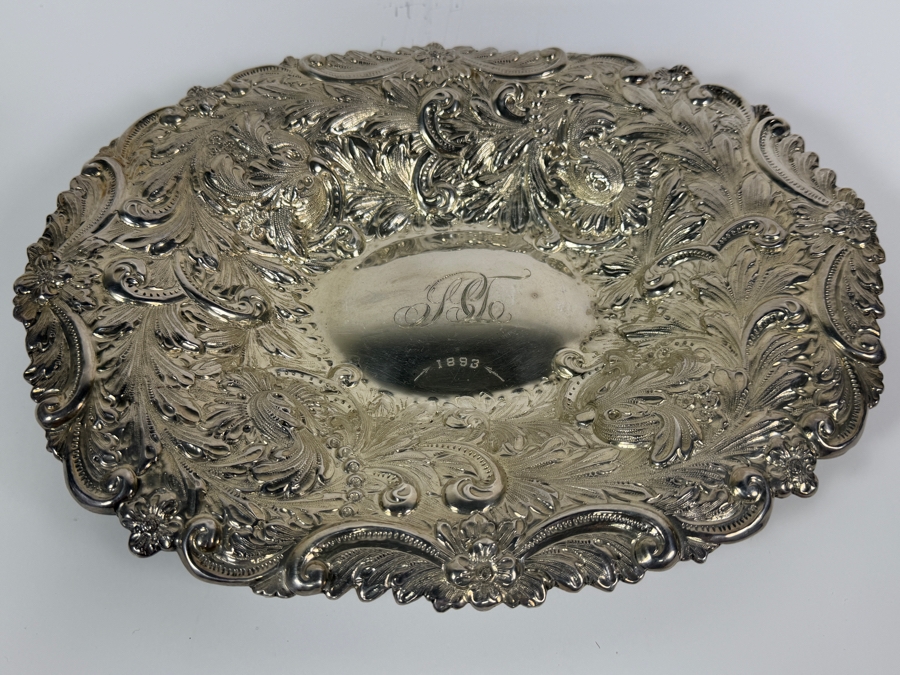 Stunning Antique Adolph Newsalt (A. Newsalt) American Sterling Silver Repousse Floral Nut Candy Bowl Dated 1893 13'W X 10.25'D X 2'H 413.4g (Silver Melt Value $800) [Photo 4]