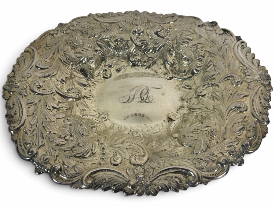 Stunning Antique Adolph Newsalt (A. Newsalt) American Sterling Silver Repousse Floral Nut Candy Bowl Dated 1893 13'W X 10.25'D X 2'H 413.4g (Silver Melt Value $800)