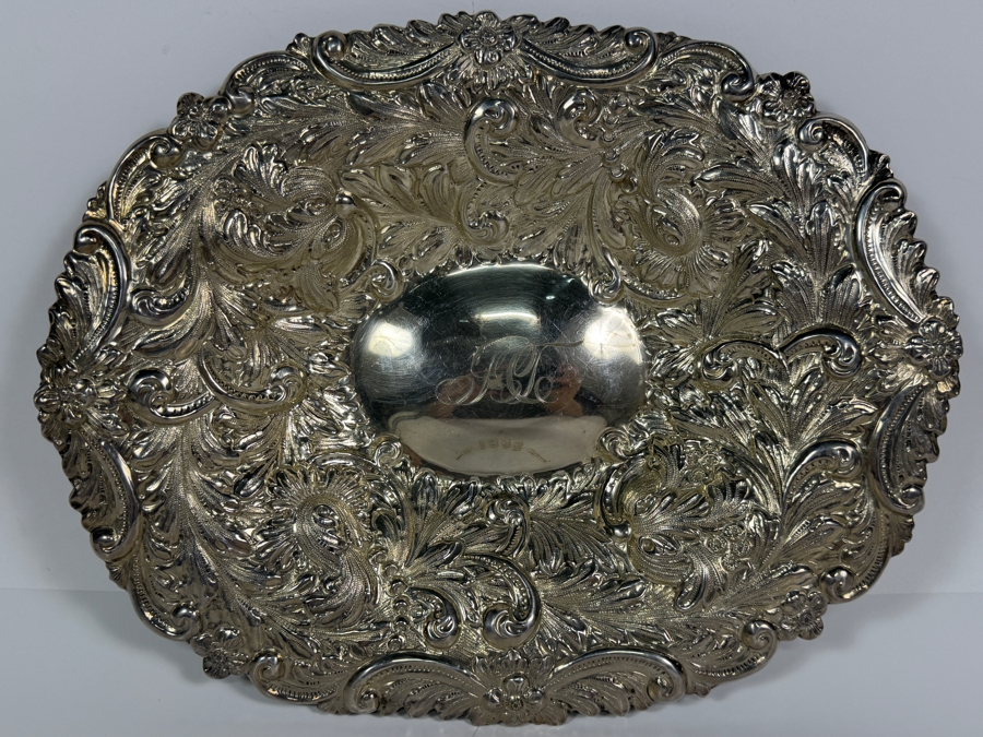 Stunning Antique Adolph Newsalt (A. Newsalt) American Sterling Silver Repousse Floral Nut Candy Bowl Dated 1893 13'W X 10.25'D X 2'H 413.4g (Silver Melt Value $800) [Photo 3]