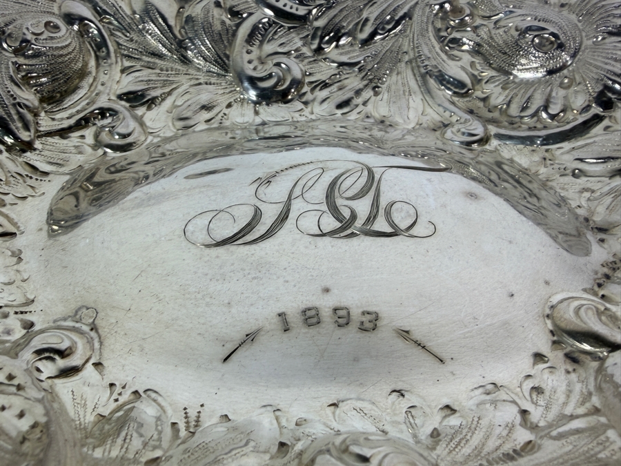 Stunning Antique Adolph Newsalt (A. Newsalt) American Sterling Silver Repousse Floral Nut Candy Bowl Dated 1893 13'W X 10.25'D X 2'H 413.4g (Silver Melt Value $800) [Photo 8]