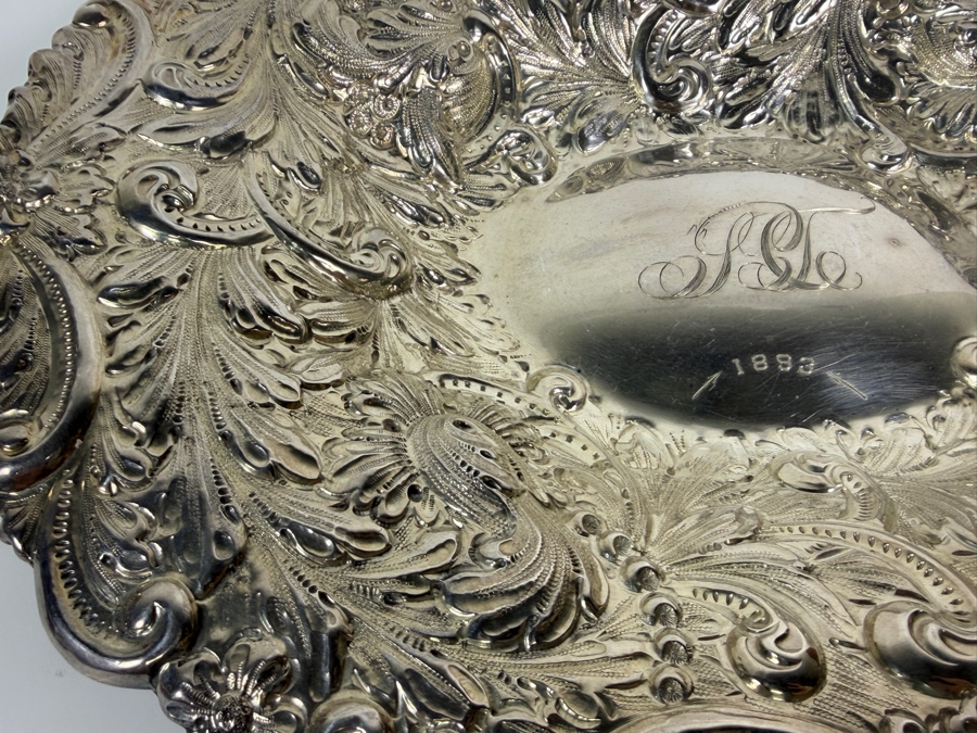 Stunning Antique Adolph Newsalt (A. Newsalt) American Sterling Silver Repousse Floral Nut Candy Bowl Dated 1893 13'W X 10.25'D X 2'H 413.4g (Silver Melt Value $800) [Photo 5]