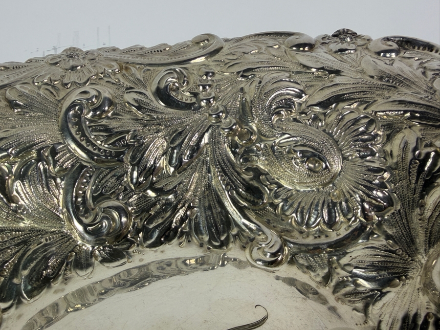 Stunning Antique Adolph Newsalt (A. Newsalt) American Sterling Silver Repousse Floral Nut Candy Bowl Dated 1893 13'W X 10.25'D X 2'H 413.4g (Silver Melt Value $800) [Photo 9]
