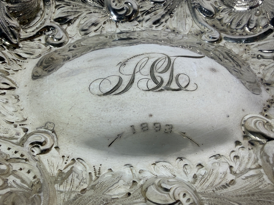 Stunning Antique Adolph Newsalt (A. Newsalt) American Sterling Silver Repousse Floral Nut Candy Bowl Dated 1893 13'W X 10.25'D X 2'H 413.4g (Silver Melt Value $800) [Photo 7]