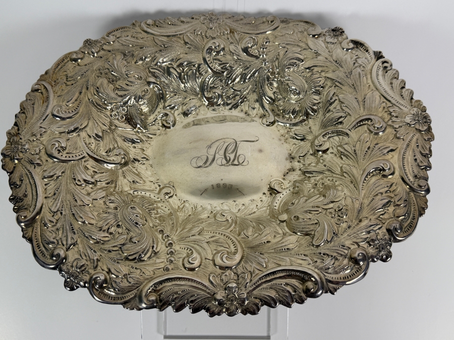 Stunning Antique Adolph Newsalt (A. Newsalt) American Sterling Silver Repousse Floral Nut Candy Bowl Dated 1893 13'W X 10.25'D X 2'H 413.4g (Silver Melt Value $800) [Photo 2]