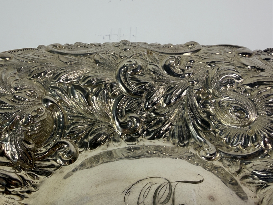 Stunning Antique Adolph Newsalt (A. Newsalt) American Sterling Silver Repousse Floral Nut Candy Bowl Dated 1893 13'W X 10.25'D X 2'H 413.4g (Silver Melt Value $800) [Photo 6]