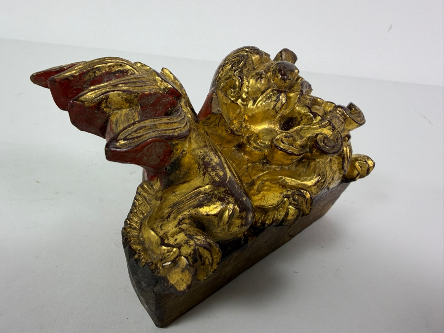 Just Added = Antique Chinese Carved Giltwood Guardian Lion Foo Dog 5W X 2.5D X 3H [Photo 6]