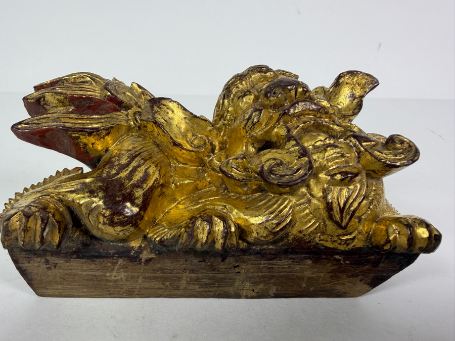 Just Added = Antique Chinese Carved Giltwood Guardian Lion Foo Dog 5W X 2.5D X 3H [Photo 5]
