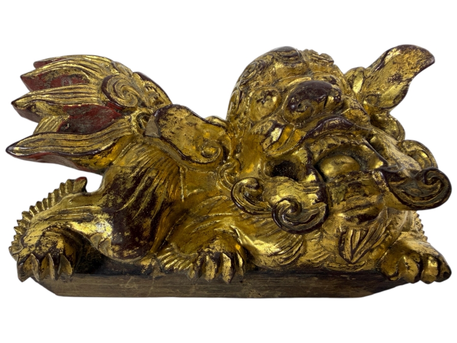 Just Added = Antique Chinese Carved Giltwood Guardian Lion Foo Dog 5W X 2.5D X 3H