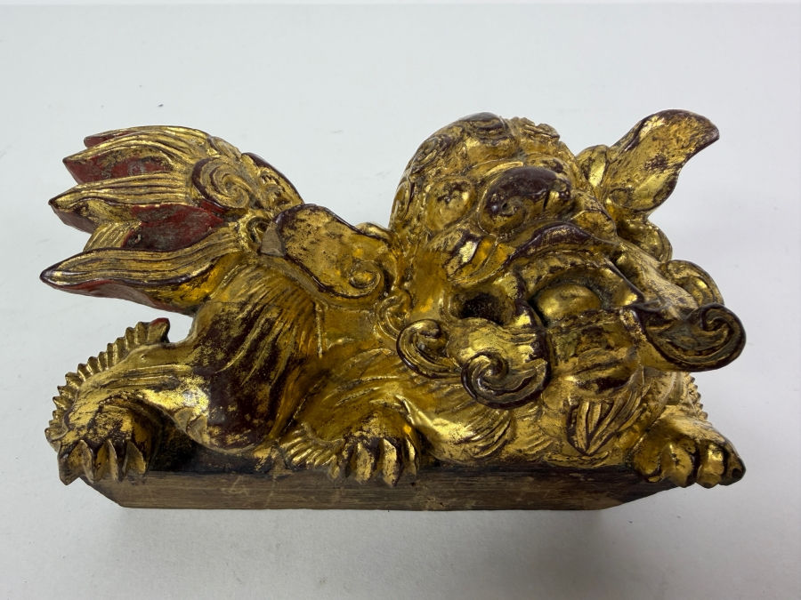 Just Added = Antique Chinese Carved Giltwood Guardian Lion Foo Dog 5W X 2.5D X 3H [Photo 2]