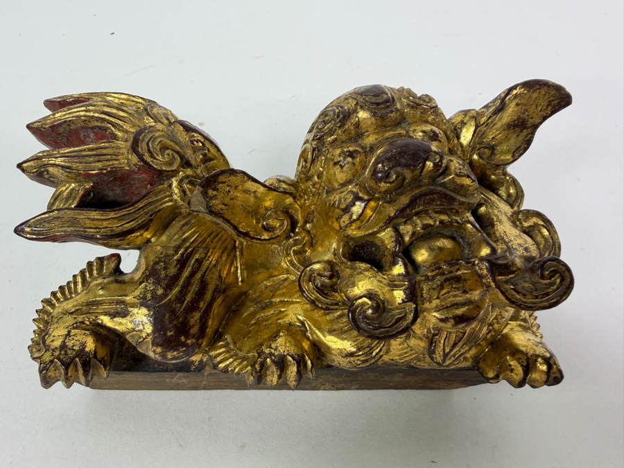 Just Added = Antique Chinese Carved Giltwood Guardian Lion Foo Dog 5W X 2.5D X 3H [Photo 3]